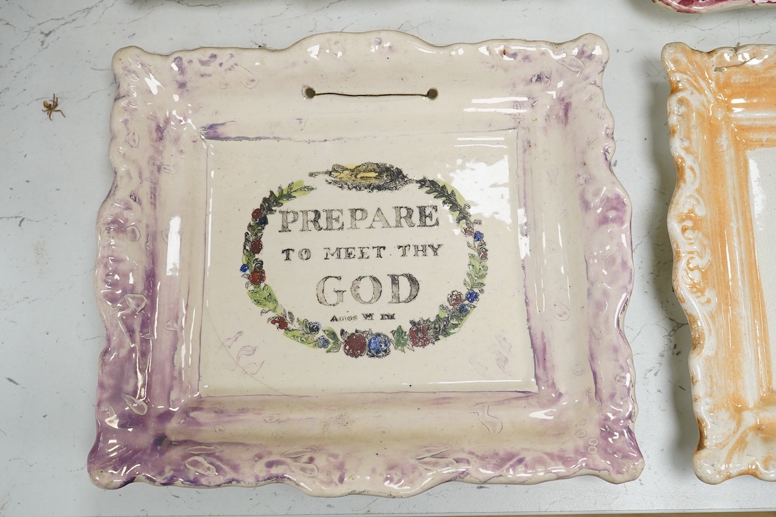 Five Victorian lustre religious wall plaques to include two ‘Prepare to meet thy god’, largest 24cm wide